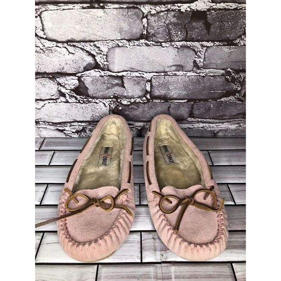 MINNETONKA Pink Rawhide Lace Cally Slip On Leather Moccasins Women Sz 8M US/39EU - Picture 2 of 16